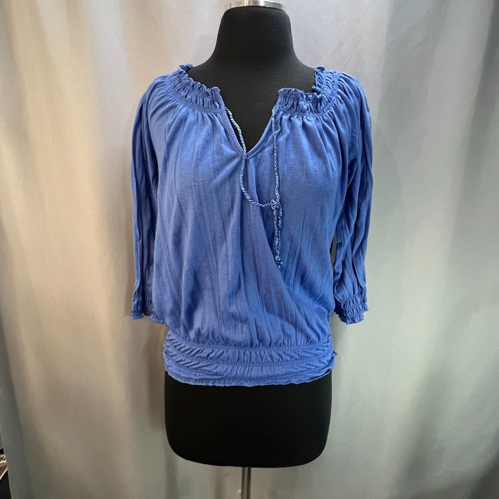 Derek Heart Peasant Blouse Top Womens Small Blue Smocked Tie Front 3/4 Sleeve